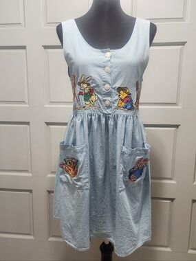 Vintage Winnie The Pooh Emboidered Denim Look Jumper Dress Women Small/Medium